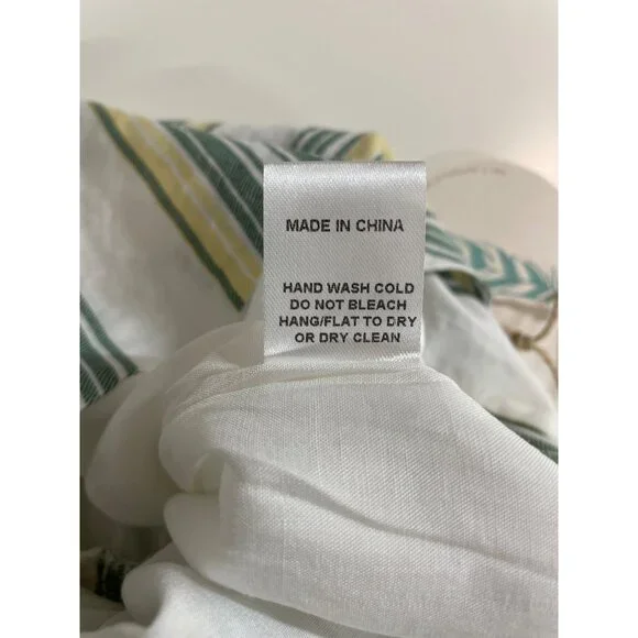 Hummingbird Paper Bag Shorts Lined Tie Waist Green Yellow Striped Womens Size L - Picture 10 of 10